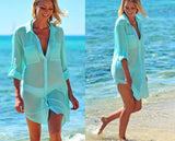 Fongt Wrinkle Cloth Two Pockets Dark Buckle Beach Blouse Bikini Coat Shirt Swimsuit Cardigan