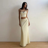 Satin Contrast Trim Bow Crop Top And Maxi Skirt Two Piece Set-Outfit