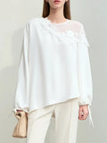 Fongt Chiffon Women's New Elegant Three-Dimensional Lace Pearl Yarn Micro Reveals Shoulder Belt Long-Sleeved Shirts In Spring 2025