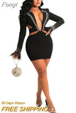 Sparkle Crystal Embellished Blazer Mini Dress Spring Glam Feather Sleeve Cut-Out Sequins Party Dress Birthday