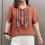 Peter Pan Collar Blouse Casual Loose Female Clothing Stylish Printed Patchwork Button 2023 Summer New Short Sleeve Shirt-Outfit