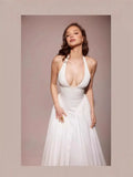Fongt Spring And Summer French Name Deep V-Neck Sexy Hanging Neck Tie Splicing Pressure Folded Waist Thin Sweet Dress