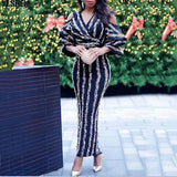 Long African Dresses For Women Party Stripe Glitter Dashiki Bodycon Dress Africa Clothing Ruffle Sleeve Robe African