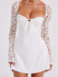Elegant Women Mini Dress Long Sleeve Backless Hollow Out Low-cut Tie-up Lace Patchwork Cocktail Dress Female Vestidos-Outfit