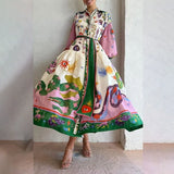 Fongt Women's Dress 2025 Casual Personality Print V Tie With Long Sleeve Dress Woman