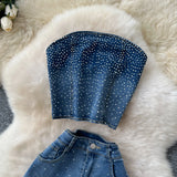 Fongt Hot Diamond Cowboy Suit Women's Summer Sleeveless Chest Vest + High-Waisted Denim Horn Trousers