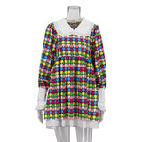 Fongt Spring New Dress Fashion Long Sleeve High Waist Print A-Line Skirt Doll Collar Fluffy Skirt-Outfit