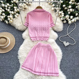 Fongt New Knitted Shirt Two Sets Of Women Retro Short-Sleeved Top + High-Waisted Folded Skirt