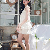 women's summer solid color thin sexy suspender shorts two-piece sleeveless vest cute home service Lace white