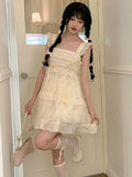Chiffon Vintage Sweet Dress Women Flying Sleeve Lolita Kawaii Mini Dress Female Ruffles Korean Fahsion Cute Dress