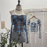 Lace Hanging Neck Shoulder Mesh Yarn Long-Sleeved Top Design Y2k Short Repair T-Shirt