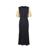Fongt Elegant Knitted Dress Round Collar Single Buckle Horn Sleeve Fishtail Dress Medium Long Dress