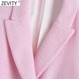 Women Sweet Double Breasted Notched Collar Pink Tweed Woolen Short Blazer Coat Vintage Female Outerwear Chic Tops