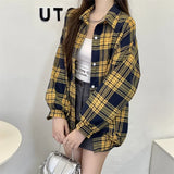 Vintage Plaid Print Long Sleeve Blouse-Outfit