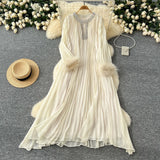Fongt 2025 New Elegant Solid Dress Round Collared Loose Hair Splicing 100 Folding Long Dress