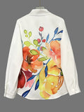 Fongt New Ink Flower Print Elegant Open Shirt Pocket Shirt