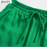 Women Simply Solid Green Color Pockets Casual Straight Pants Female Chic Elastic Waist Lace Up Summer Long Trousers