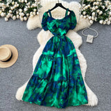 Fongt Famous Breeze Mashed Flowers Bubble Sleeves With Dress Women Summer Waist Repair Royal Sister Temperament Beautiful Long Dress