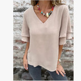 Fongt Summer Solid Female Loose V-Necked Leaf Sleeve Top High Temperature Stereotyped Woman