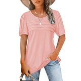 Fongt Women's Summer Round-Neck Short-Sleeved Chest Tuck Line Folded Blouse T-Shirt