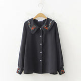 New Floral Embroidered Button Up Chiffon Blouse Long Sleeve Peter pan Collar Shirt Sweet Girls Loose Plus Size Top