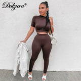 Solid Women Two Piece Set Short Sleeve Gym Top Crops Leggings Skinny Sporty Tracksuit 2021 Spring Summer Outfit