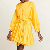 TWOTWINSTYLE 2022 Summer A Line Women's Dress O Neck Long Sleeve High Waist Sashes Slim Rose Color Mini Dresses Female