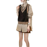Loose Turn-down Collar Contrasting Colors Shirt Spliced Knitted Fake Two Pieces Autumn Winter Women's Korean Blouse-Outfit