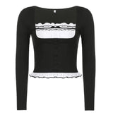Y2K Sweet Cute Crop Top Lace Frill Bow Pullovers Vintage Square Collar T Shirt Women Skin Button Prepply Korean