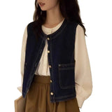 Fongt Retro Denim Vest Women Spring And Autumn Folding Waist Coat Outside A Small Design Feel Shoulder Clip