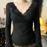 Lace Cross V-Neck Long Sleeve Tee-Outfit
