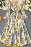 Women Sexy Boho Dress New 2023 Spring Autumn Long Sleeve V Neck Backless Long Dresses Ladies Vintage Floral Printed