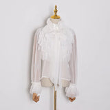 TWOTWINSTYLE Perspective Tops Female Bowknot Flare Long Sleeve Ruffle Shirt Blouse Women Korean Fashion Clothes 2020