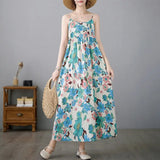 Fongt Summer New Literary And Art Large Print Cotton Dress Women's National Style Sleeveless Slings Long