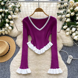 Fongt Striped Knitted Shirt Autumn Lotus Side Hem Horn Sleeves Slimmed Out Of The Bottom Coat