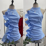 Fongt Design Sleeveless Leaves Three-Dimensional Flower Blouse Atmosphere Slimming Waist 1166
