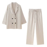 Fongt Women's Spring And Summer New Loose Wrinkle Effect Double Buckle Blazer Casual Trousers Set