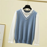 Women Knitted Sweater Female Ruffle Collar Long Sleeve Preppy Style Fake Two Piece Pullovers Slim Fitting Splicing Jumper