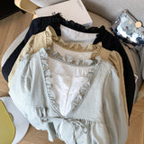 Aesthetic Patchwork Bow Tie Long Sleeve Blouse-Outfit