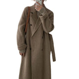 Fongt Chic Autumn And Winter Simple Temperament Collar Double Buckle Strap Loose Long-Term Warm Coat Coat