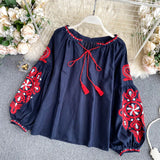 Fongt Travel To Shoot Retro National Wind Embroidery With Tuxedo V-Neck Lantern Sleeve Top Lady 0515