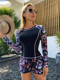 Fongt New Surf Suit Long Sleeve Anti-Diving Suit Print Flat Horn Split Body Conservative Swimsuit