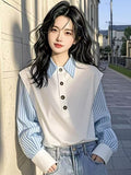 Fongt Year's Popular Explosion Super-Look Unique Beautiful Ocean Design Fake Two Blue Stripes Spliced Polo Shirt