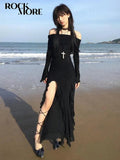 Black Slash Neck Party Dresses Elegant Fashion Ruffled Side Slit Slim Long Dress Off Shoulder Women Vacation vestidos-Outfit