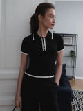 Fongt Short-Sleeved Collar Top 2024 Summer New Thread Tightness Temperament Knitted