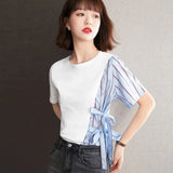 Women's T-shirt Fashion Top Casual T Shirt Splicing Tees Loose Satin O-Neck Short Sleeve Korean New Summer Female