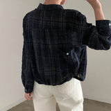 Vintage Plaid Print Crop Long Sleeve Blouse-Outfit