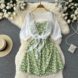 Fongt Small Pure And Fresh Broken Flower Condole Belt Skirt Chiffon Small Shawl Female Summer Two Set Suit-Outfit