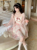 Pink Korean Kawaii Strap Dress Women Bow Sweet Elegant Party Mini Dress Female Print France Princess Fairy Dress 2022