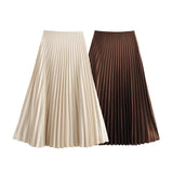 Fongt New Folding Solid Color Mid-Rise Mid-Swaist Mid-Summer Skirt Skirt 3067401